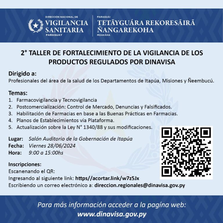 Se invita a los interesados a participar del taller de fortalecimiento de la vigilancia de los productos regulados por DINAVISA